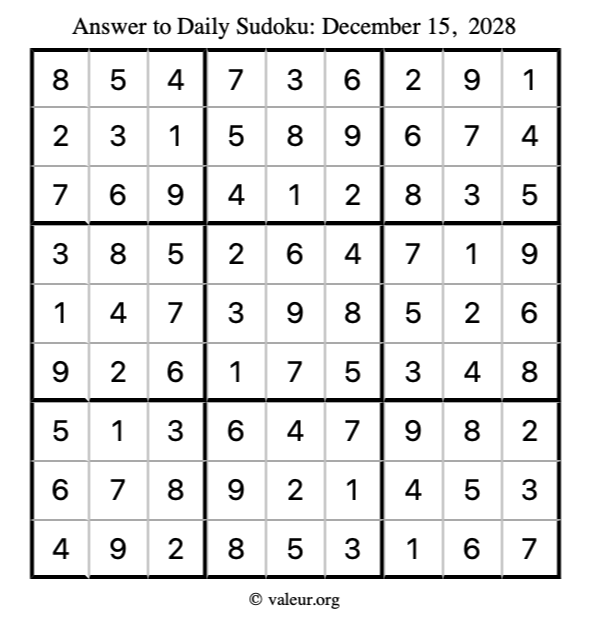 Answer to sudoku December 15, 2028
