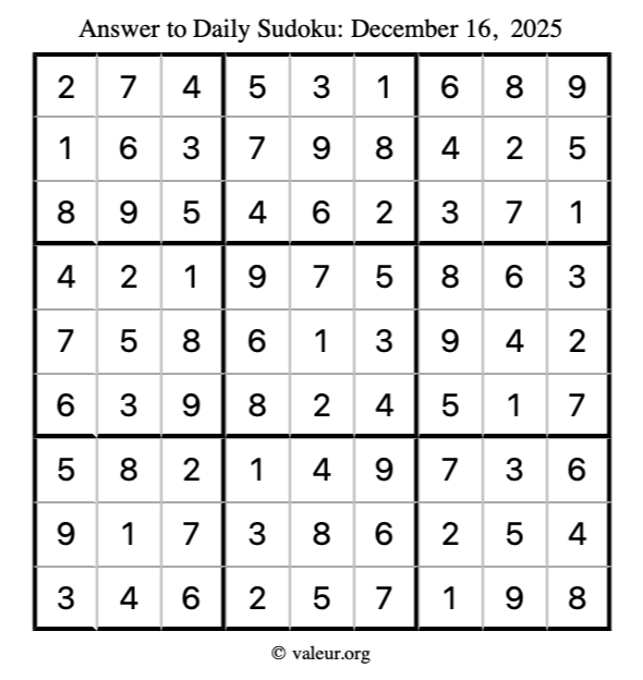 Answer to sudoku December 16, 2025