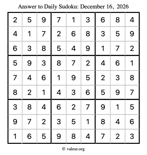 Answer to sudoku December 16, 2026