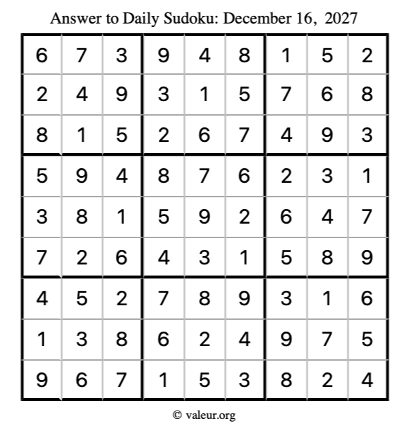 Answer to sudoku December 16, 2027