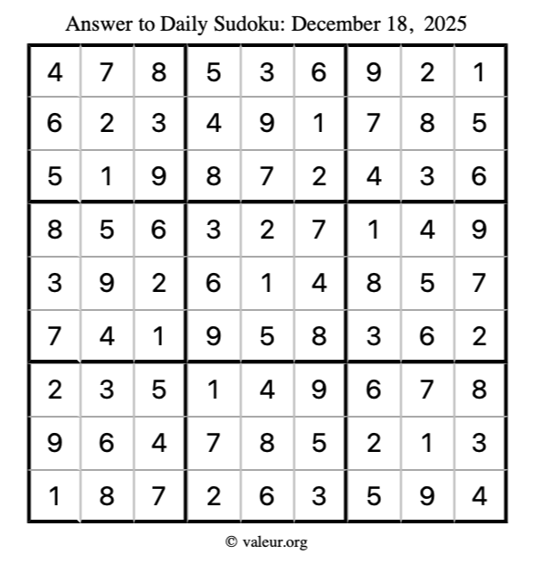 Answer to sudoku December 18, 2025