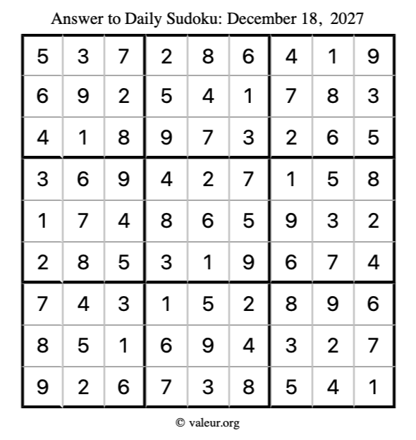 Answer to sudoku December 18, 2027