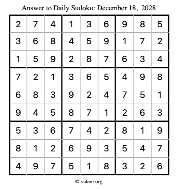 Answer to sudoku December 18, 2028