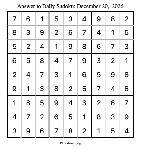 Answer to sudoku December 20, 2026