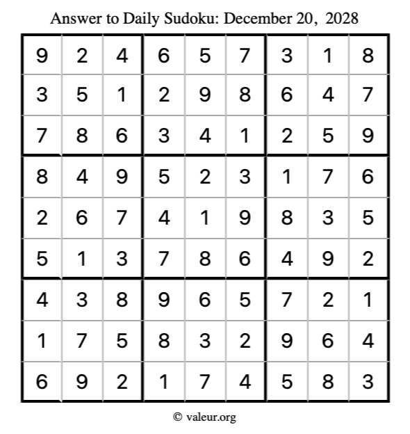 Answer to sudoku December 20, 2028