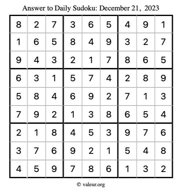 Answer to sudoku December 21, 2023