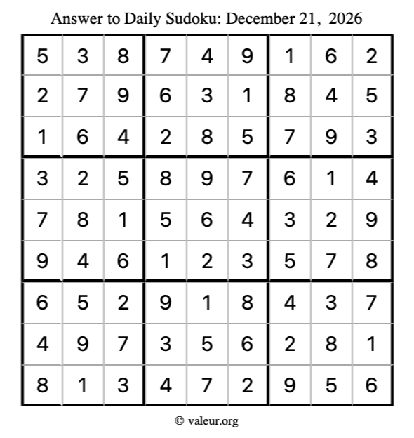 Answer to sudoku December 21, 2026