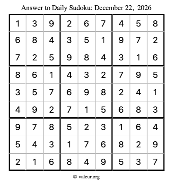 Answer to sudoku December 22, 2026