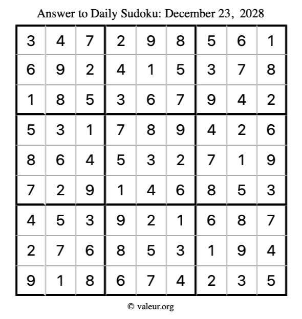 Answer to sudoku December 23, 2028