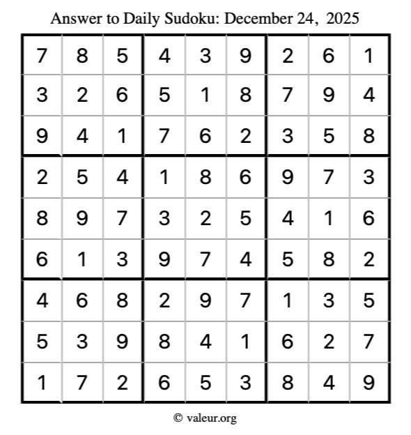 Answer to sudoku December 24, 2025