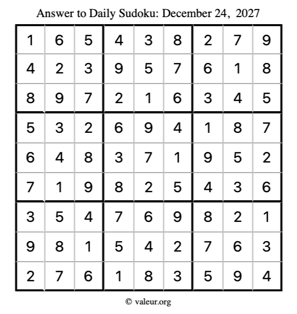 Answer to sudoku December 24, 2027