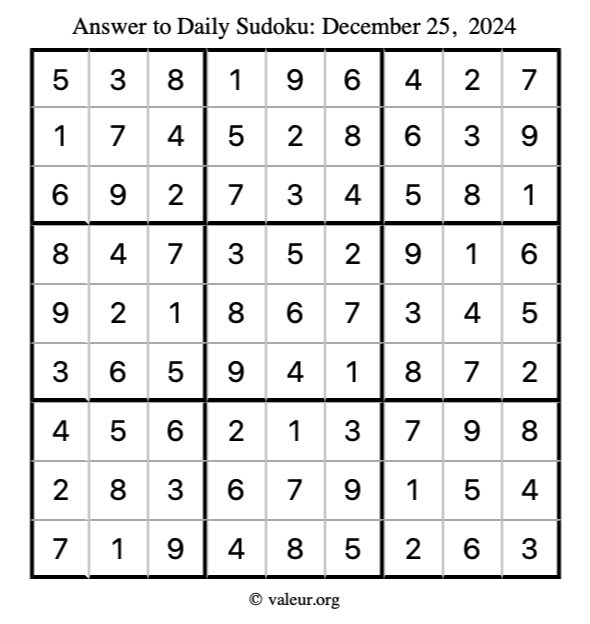 Answer to sudoku December 25, 2024