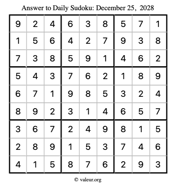 Answer to sudoku December 25, 2028