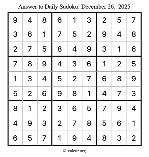 Answer to sudoku December 26, 2025