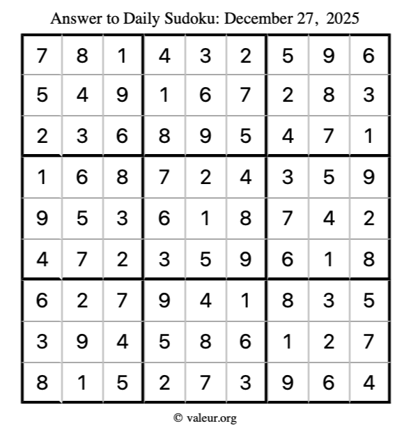 Answer to sudoku December 27, 2025