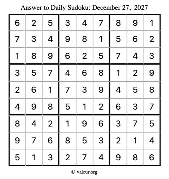 Answer to sudoku December 27, 2027