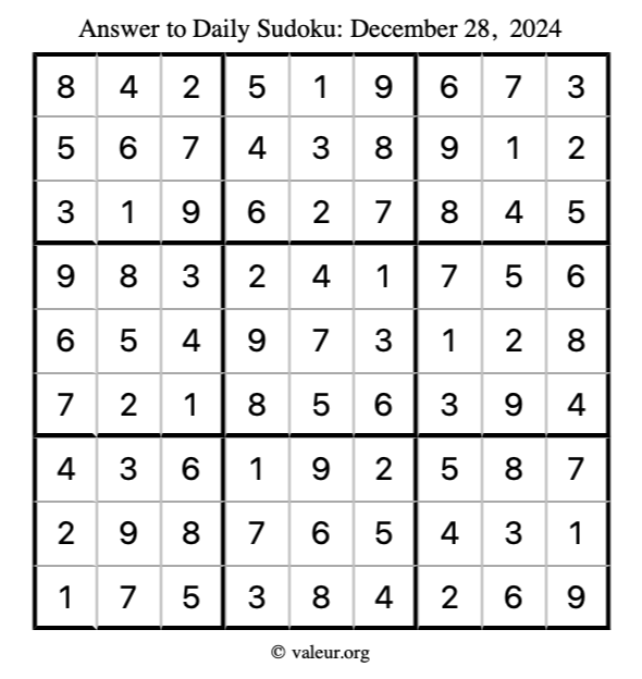 Answer to sudoku December 28, 2024