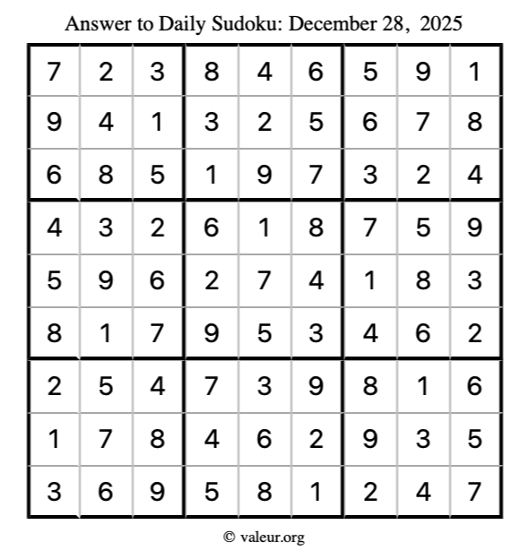 Answer to sudoku December 28, 2025