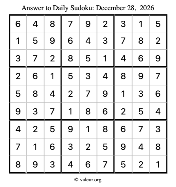 Answer to sudoku December 28, 2026