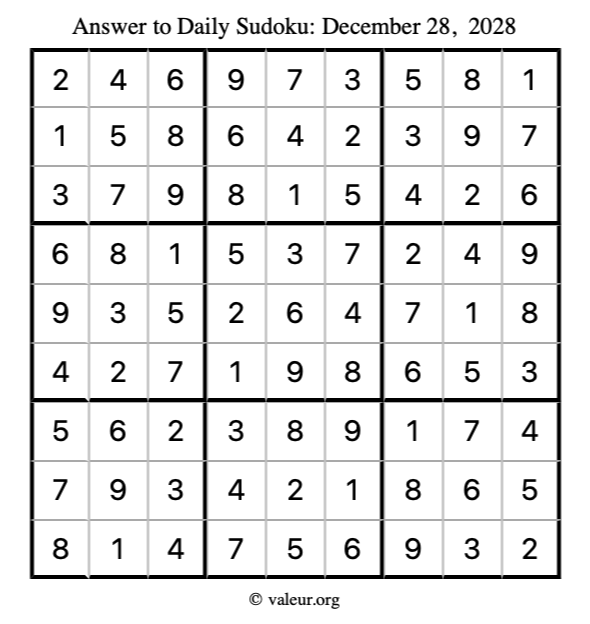 Answer to sudoku December 28, 2028