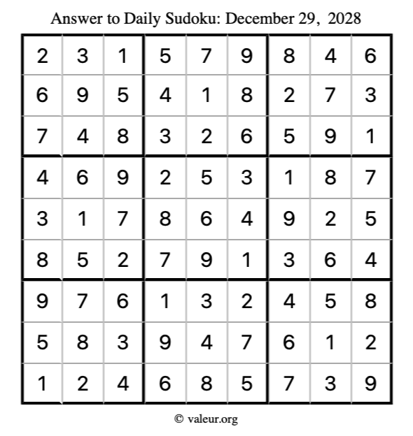 Answer to sudoku December 29, 2028