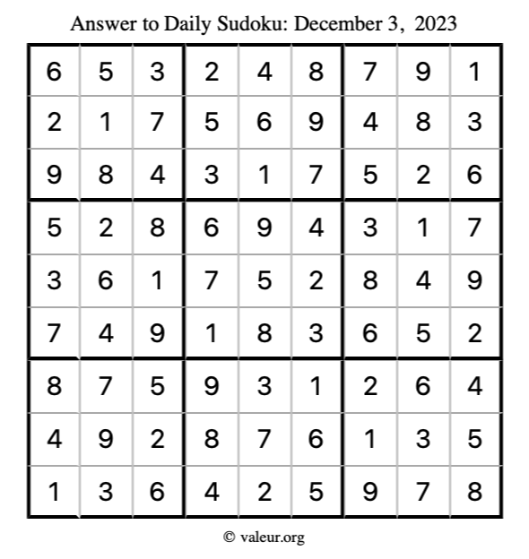 Answer to sudoku December 3, 2023