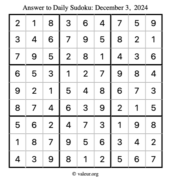 Answer to sudoku December 3, 2024