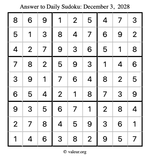 Answer to sudoku December 3, 2028