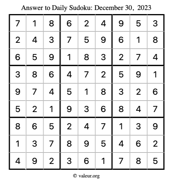 Answer to sudoku December 30, 2023