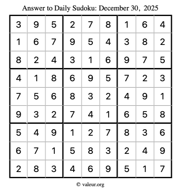 Answer to sudoku December 30, 2025
