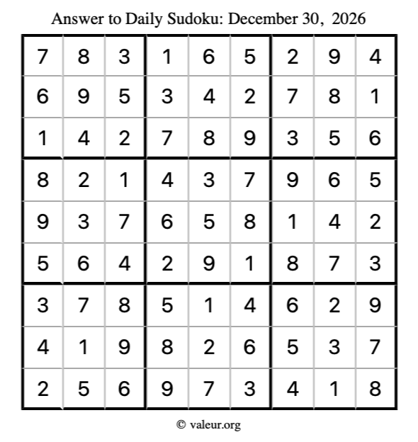 Answer to sudoku December 30, 2026