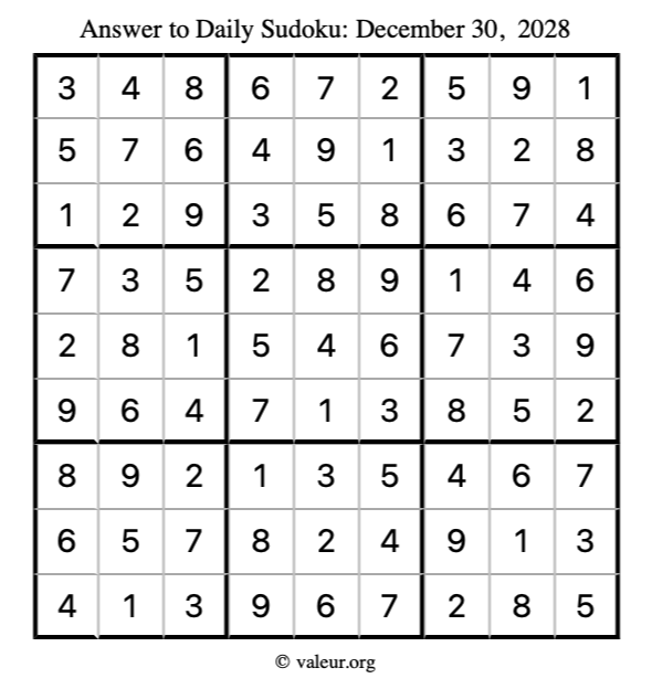 Answer to sudoku December 30, 2028