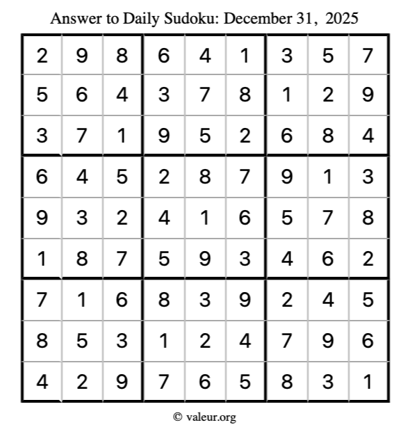 Answer to sudoku December 31, 2025