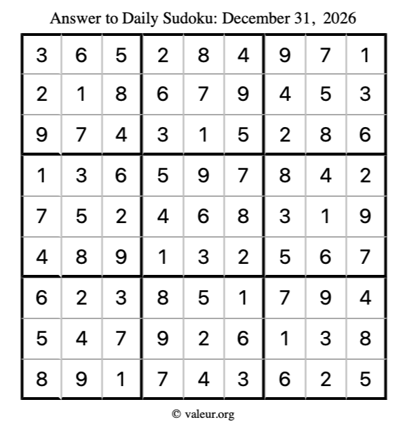 Answer to sudoku December 31, 2026