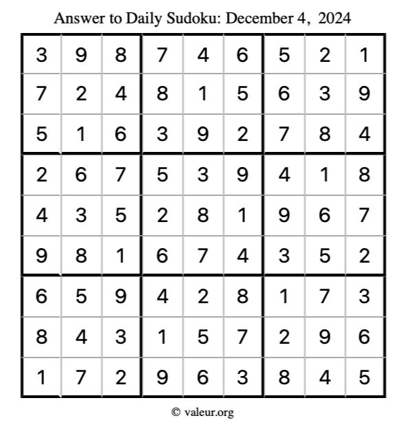 Answer to sudoku December 4, 2024