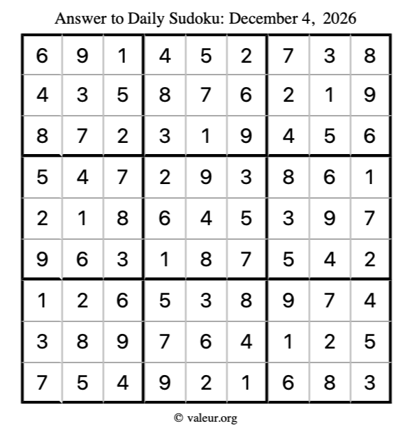Answer to sudoku December 4, 2026
