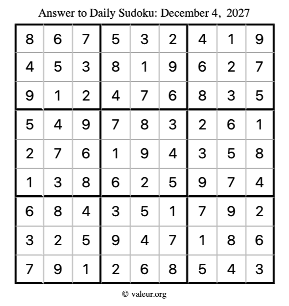 Answer to sudoku December 4, 2027