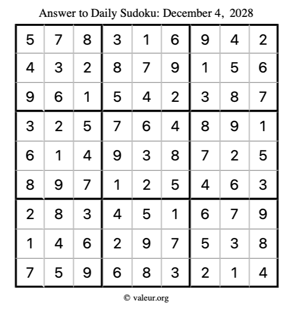 Answer to sudoku December 4, 2028