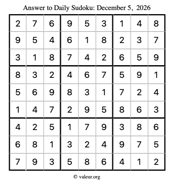 Answer to sudoku December 5, 2026