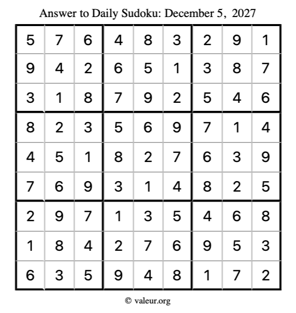 Answer to sudoku December 5, 2027