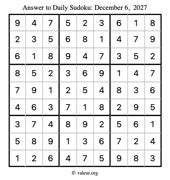 Answer to sudoku December 6, 2027