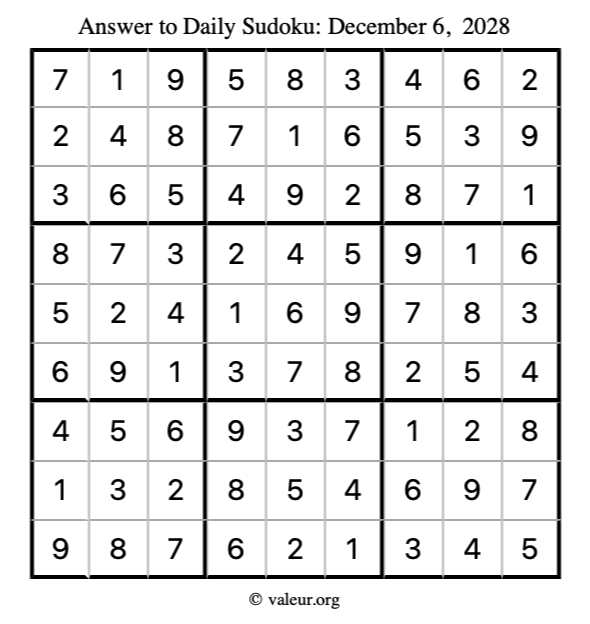 Answer to sudoku December 6, 2028