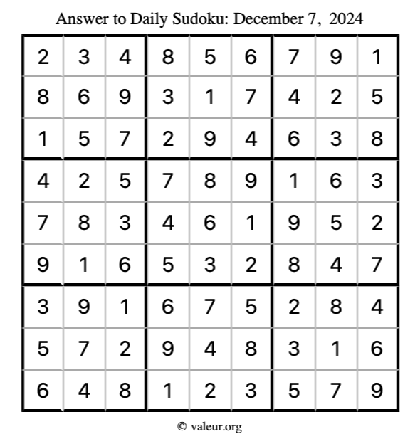Answer to sudoku December 7, 2024