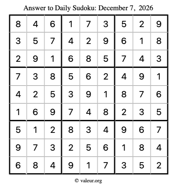 Answer to sudoku December 7, 2026