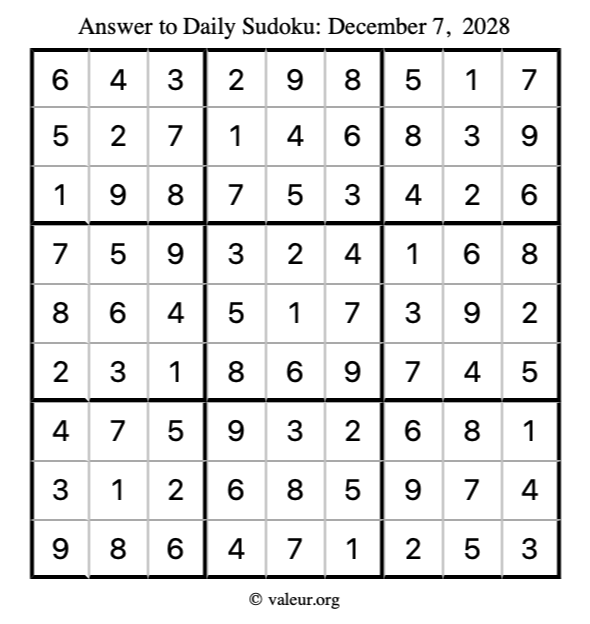 Answer to sudoku December 7, 2028