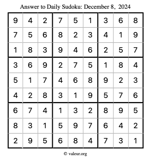 Answer to sudoku December 8, 2024