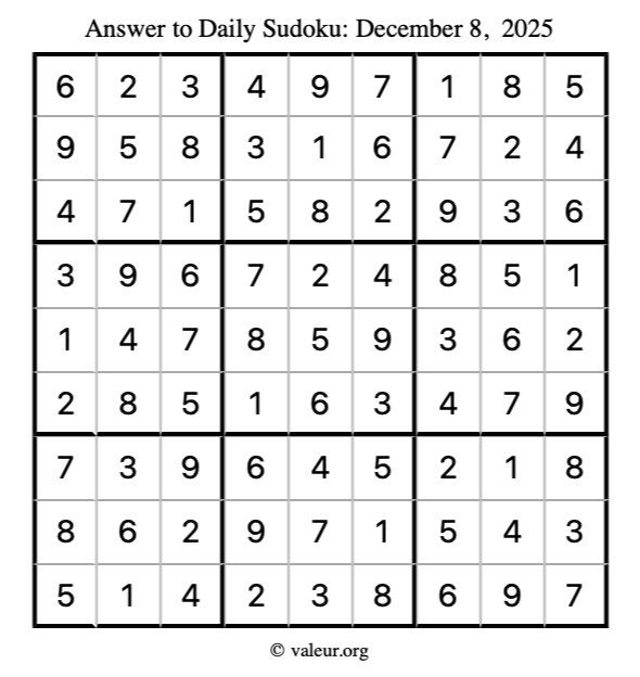 Answer to sudoku December 8, 2025