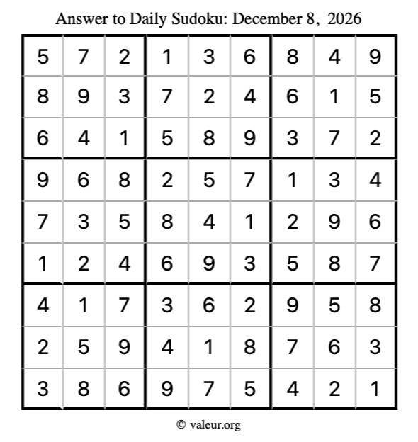 Answer to sudoku December 8, 2026