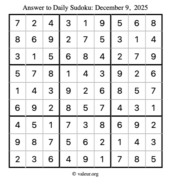 Answer to sudoku December 9, 2025
