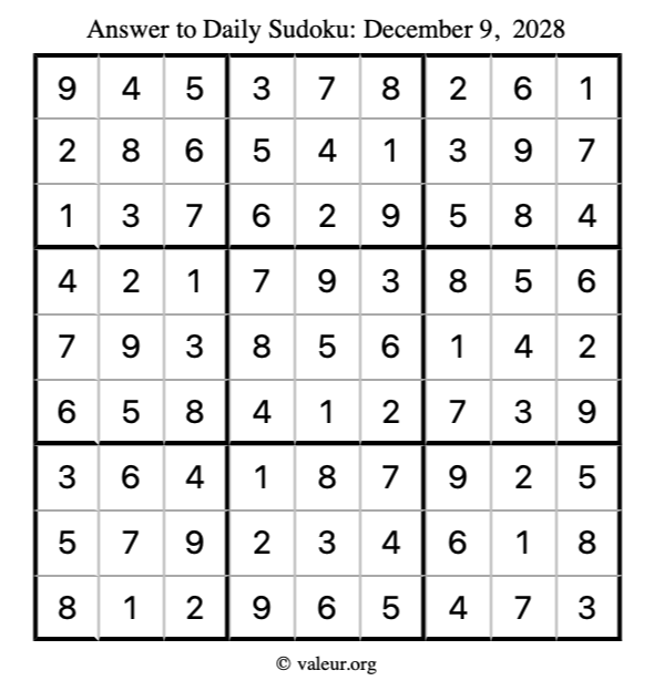 Answer to sudoku December 9, 2028
